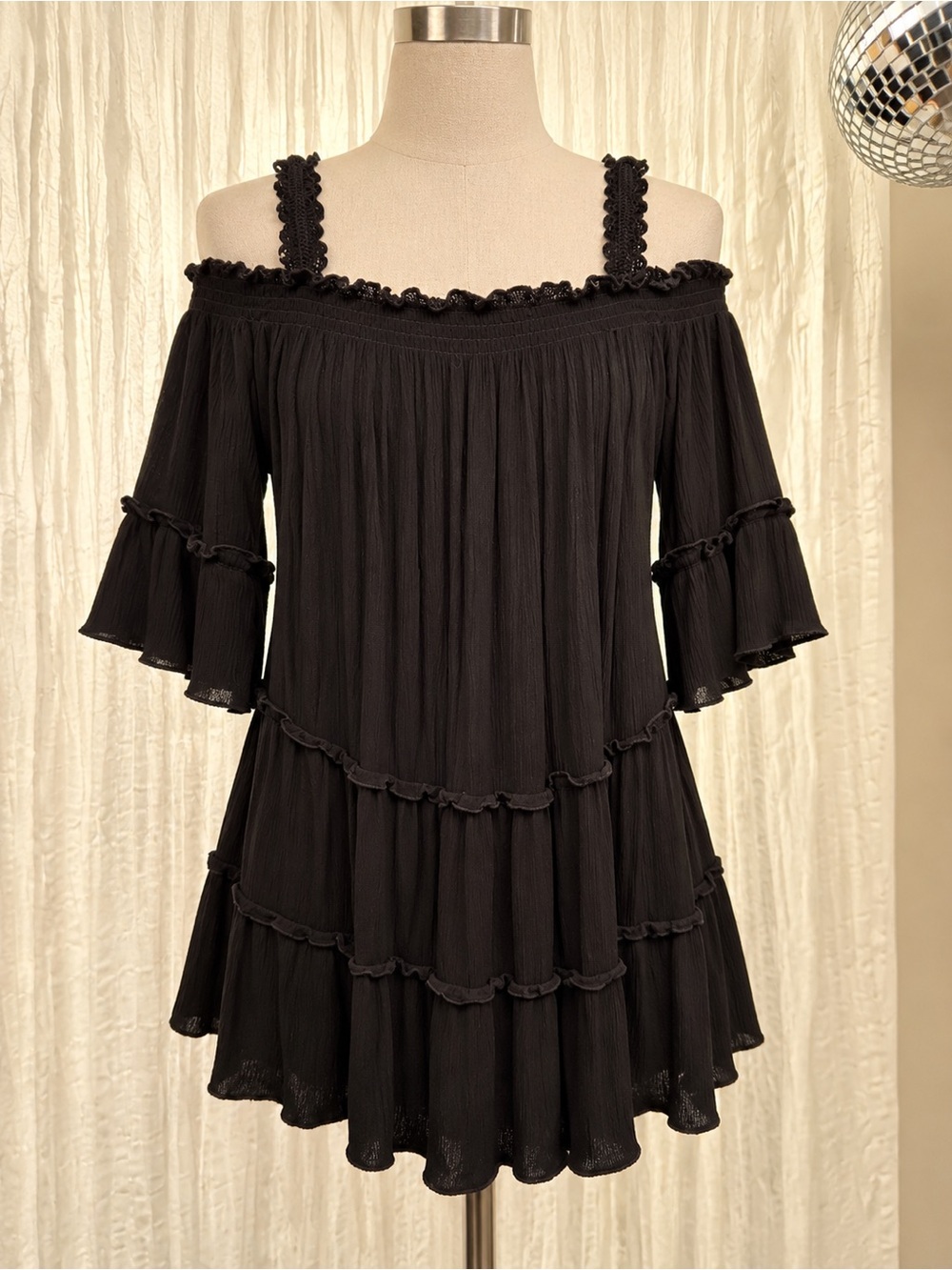 Forever 21 Black Off-Shoulder Ruffle Tiered Babydoll Style Tunic